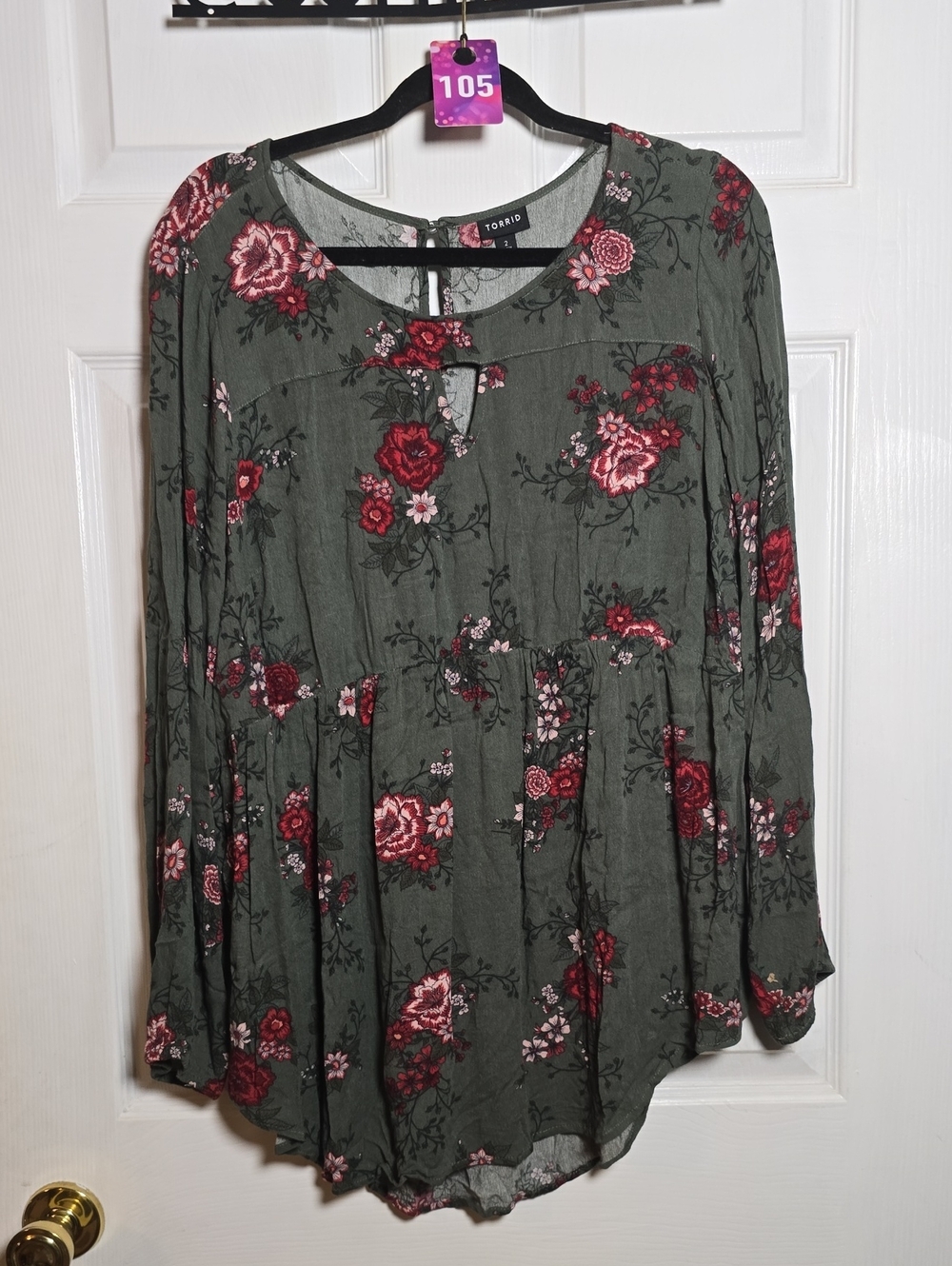 105 torrid 2 2X Olive Green Floral Peplum Blouse with Red and Pink Flowers - Picture 2 of 5
